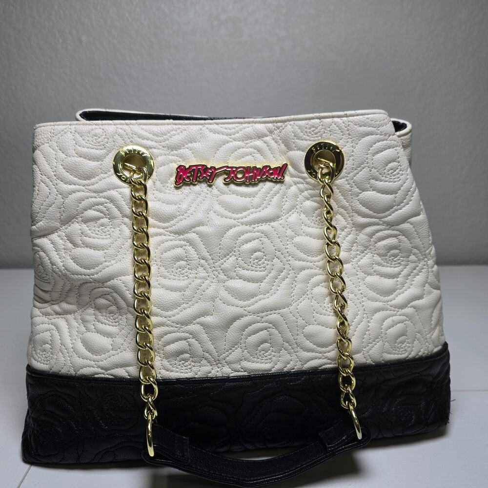 Betsey Johnson Quilted Rose Purse Black White Gold Chain Shoulder Bag